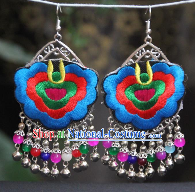 Chinese Traditional National Ethnic Earrings Embroidered Blue Ear Accessories for Women