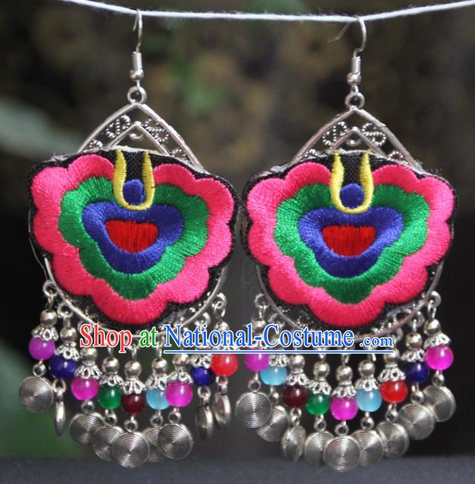 Chinese Traditional National Ethnic Earrings Embroidered Pink Ear Accessories for Women