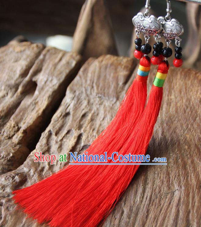 Chinese Traditional Ethnic Red Tassel Longevity Lock Earrings National Ear Accessories for Women