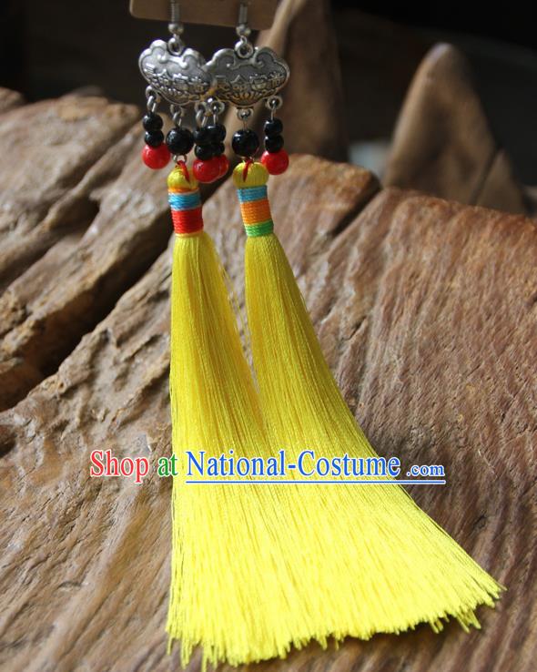 Chinese Traditional Ethnic Yellow Tassel Longevity Lock Earrings National Ear Accessories for Women