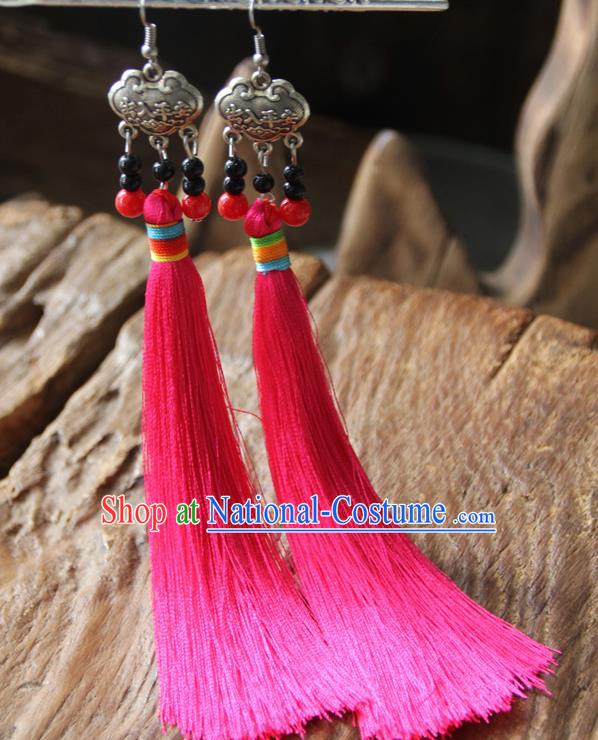 Chinese Traditional Ethnic Pink Tassel Longevity Lock Earrings National Ear Accessories for Women