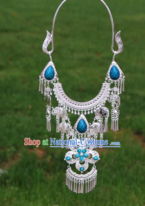 Chinese Traditional National Ethnic Flowers Tassel Blue Necklace Jewelry Accessories for Women