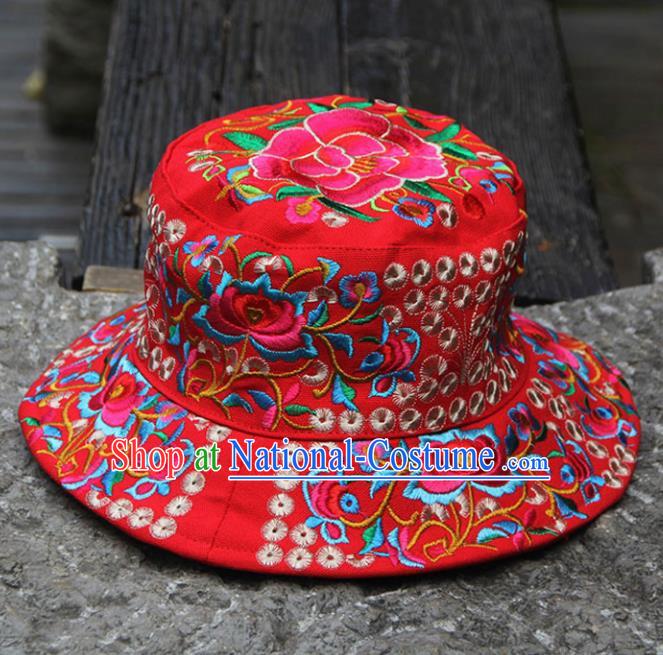 Chinese Traditional National Handmade Embroidered Peony Red Hat for Women