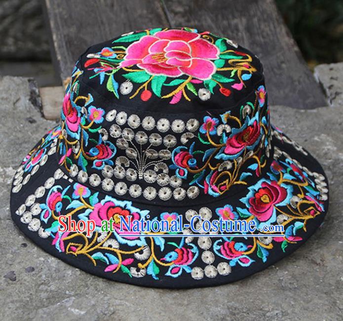 Chinese Traditional National Handmade Embroidered Peony Black Hat for Women