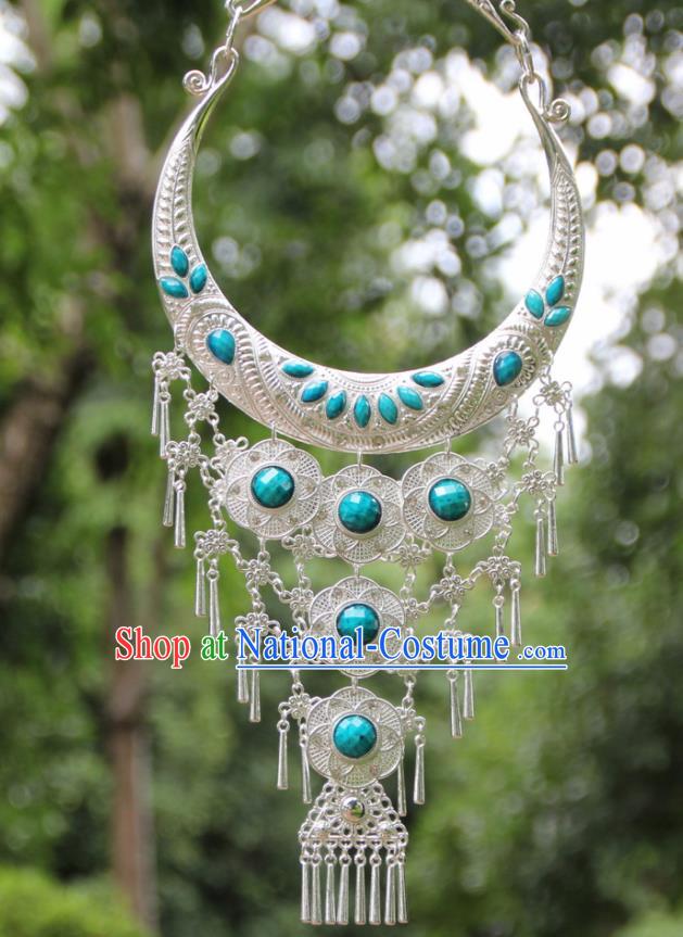 Chinese Traditional National Jewelry Accessories Ethnic Tassel Blue Necklace for Women