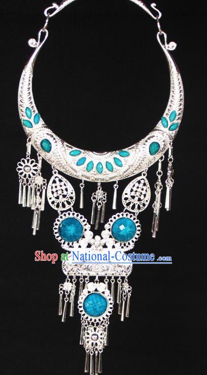 Chinese Ethnic Carving Blue Necklace Traditional National Jewelry Accessories for Women