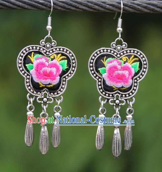 Chinese Traditional National Handmade Embroidered Pink Peony Earrings for Women