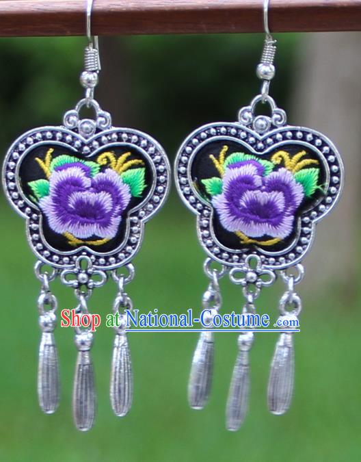 Chinese Traditional National Handmade Embroidered Purple Peony Earrings for Women