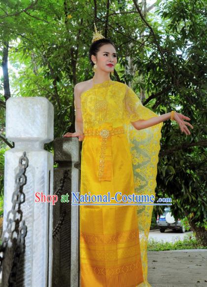 Asian Traditional Thailand Costumes National Handmade Embroidered Yellow Dress for Women