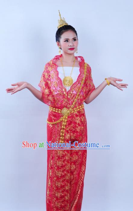 Asian Traditional Thailand Costumes National Handmade Embroidered Red Dress for Women