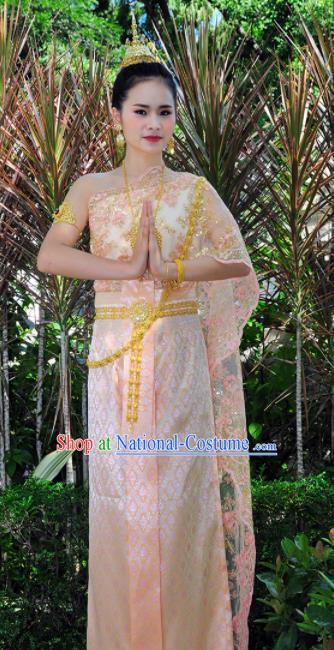 Asian Traditional Thailand Costumes National Handmade Embroidered Pink Dress for Women