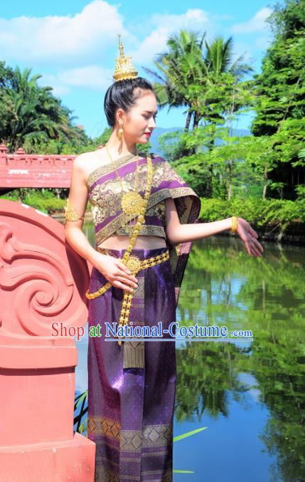 Asian Traditional Thailand Costumes National Handmade Embroidered Purple Dress for Women