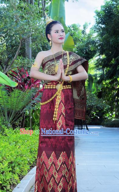 Asian Traditional Thailand Costumes National Handmade Embroidered Wine Red Dress for Women