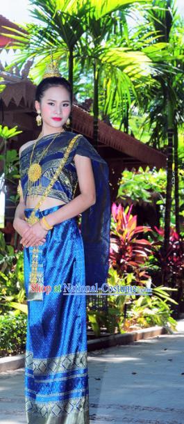 Asian Traditional Thailand Costumes National Handmade Embroidered Royalblue Dress for Women