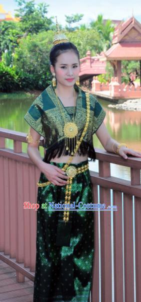 Asian Traditional Thailand Costumes National Handmade Embroidered Deep Green Dress for Women