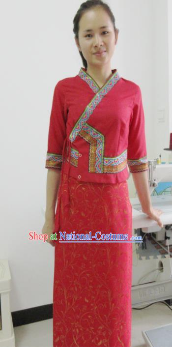 Asian Chinese Ethnic Costumes Traditional Dai Nationality Folk Dance Red Dress for Women