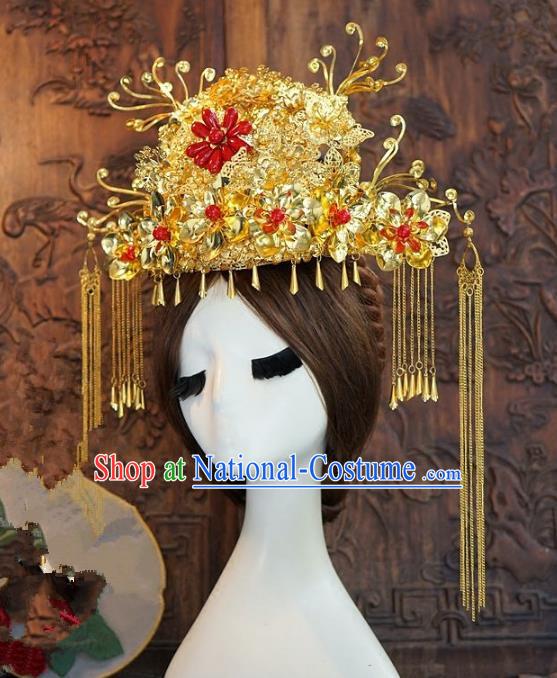 Chinese Handmade Classical Hairpins Hair Accessories Ancient Golden Phoenix Coronet for Women