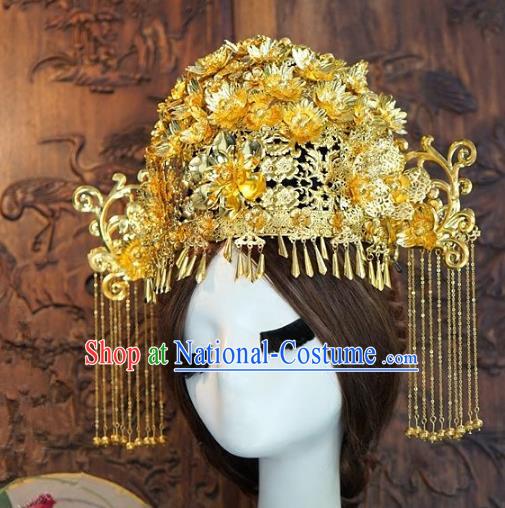 Chinese Handmade Classical Hairpins Hair Accessories Ancient Golden Tassel Phoenix Coronet for Women