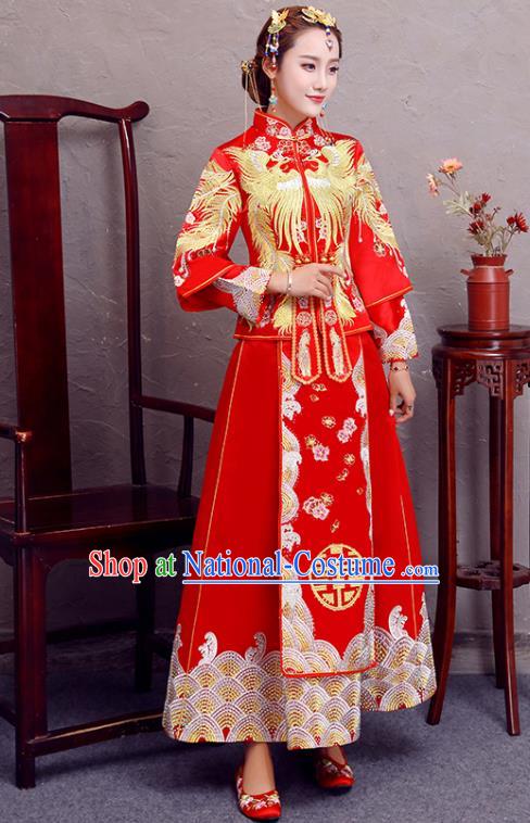 Traditional Chinese Wedding Costume Ancient Bride Embroidered Phoenix Red Rhinestone Xiuhe Suit Clothing for Women