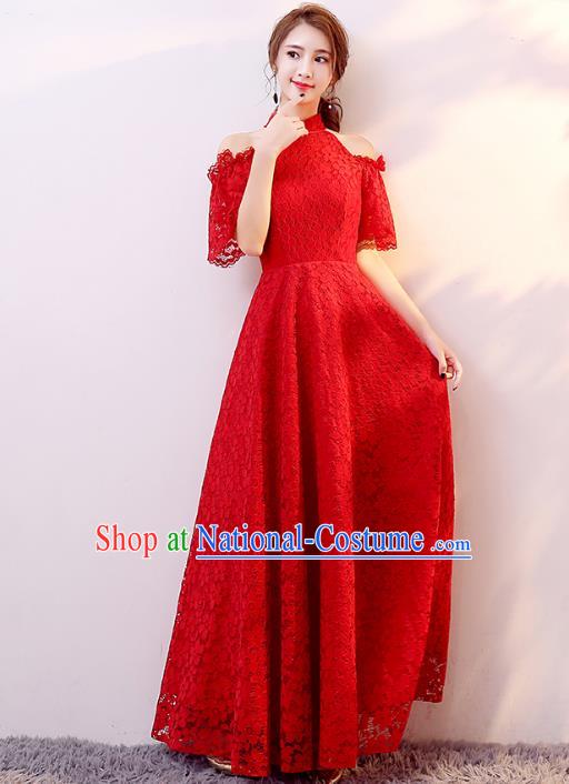 Professional Modern Dance Costume Chorus Group Clothing Bride Toast Red Lace Full Dress for Women