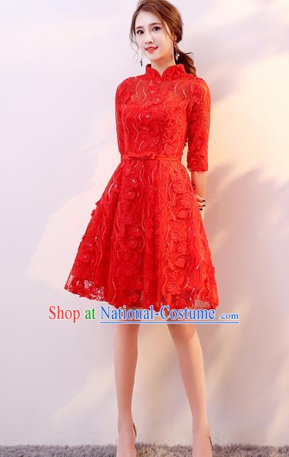 Professional Modern Dance Costume Chorus Group Clothing Bride Toast Red Lace Cheongsam Dress for Women