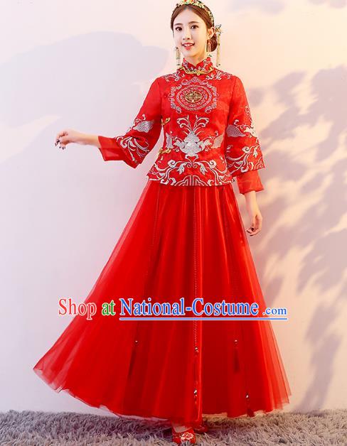 Traditional Chinese Wedding Costume Ancient Bride Embroidered Red Xiuhe Suit Clothing for Women