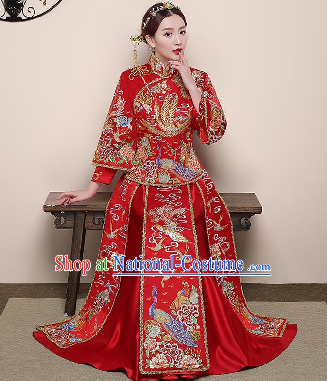 Traditional Chinese Wedding Costume Ancient Bride Delicate Embroidered Red Xiuhe Suit Clothing for Women