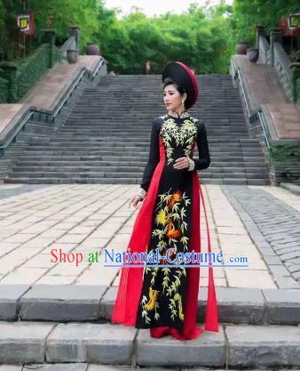 Asian Vietnam Costume Vietnamese Trational Dress Black Ao Dai Cheongsam Clothing for Women