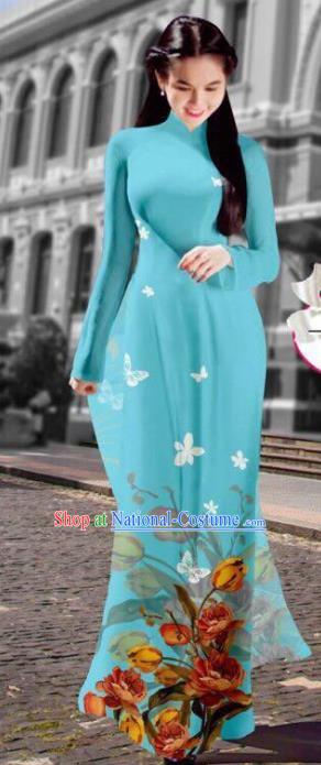 Asian Vietnam Costume Vietnamese Trational Dress Printing Light Blue Ao Dai Cheongsam Clothing for Women