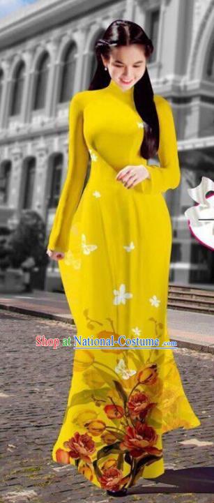 Asian Vietnam Costume Vietnamese Trational Dress Printing Yellow Ao Dai Cheongsam Clothing for Women