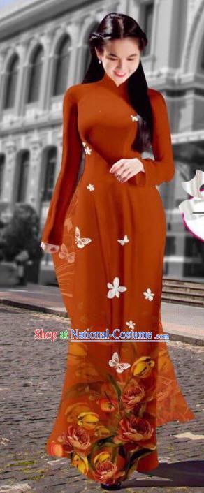 Asian Vietnam Costume Vietnamese Trational Dress Printing Brown Ao Dai Cheongsam Clothing for Women