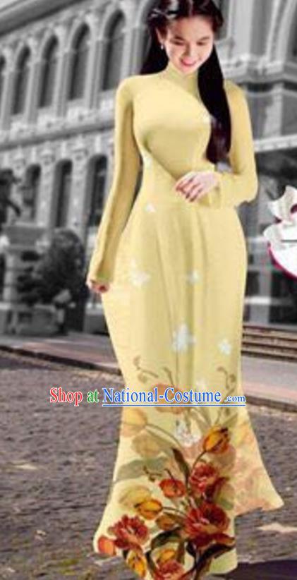 Asian Vietnam Costume Vietnamese Trational Dress Printing Light Yellow Ao Dai Cheongsam Clothing for Women