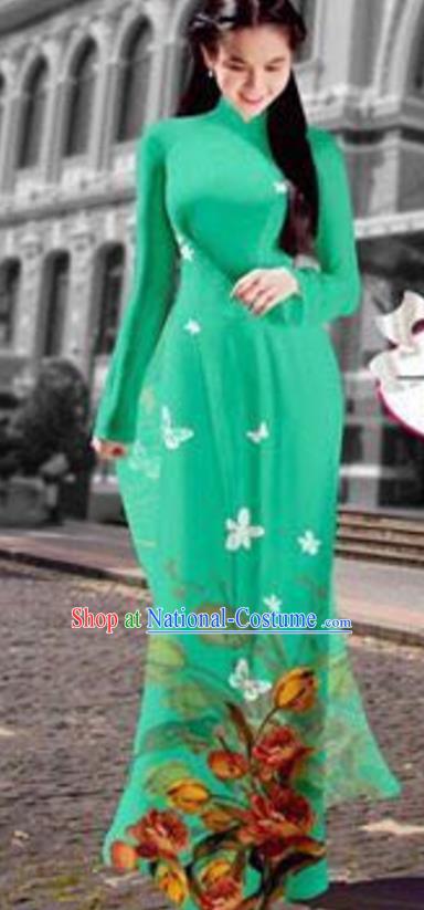 Asian Vietnam Costume Vietnamese Trational Dress Printing Green Ao Dai Cheongsam Clothing for Women