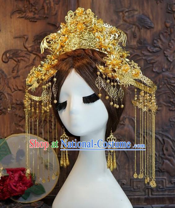 Chinese Handmade Classical Hairpins Hair Accessories Ancient Bride Xiuhe Suit Headwear Golden Phoenix Coronet for Women