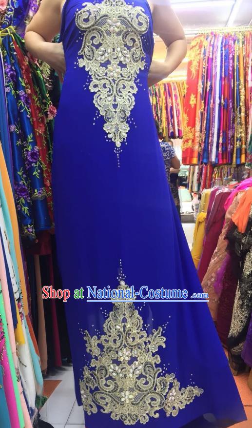 Asian Vietnam Costume Vietnamese Trational Dress Royalblue Embroidered Ao Dai Cheongsam Clothing for Women