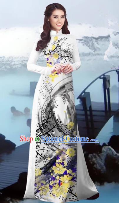 Asian Vietnam Costume Vietnamese Trational Dress Printing White Ao Dai Cheongsam Clothing for Women