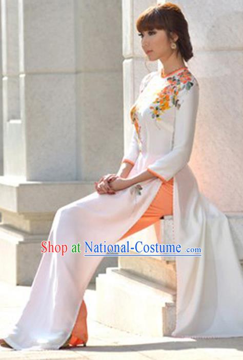 Asian Vietnam Costume Vietnamese Trational Dress Printing Flowers White Ao Dai Cheongsam Clothing for Women