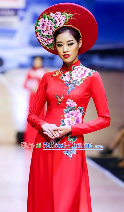 Asian Vietnam Wedding Costume Vietnamese Trational Dress Printing Peony Red Ao Dai Cheongsam Clothing for Women