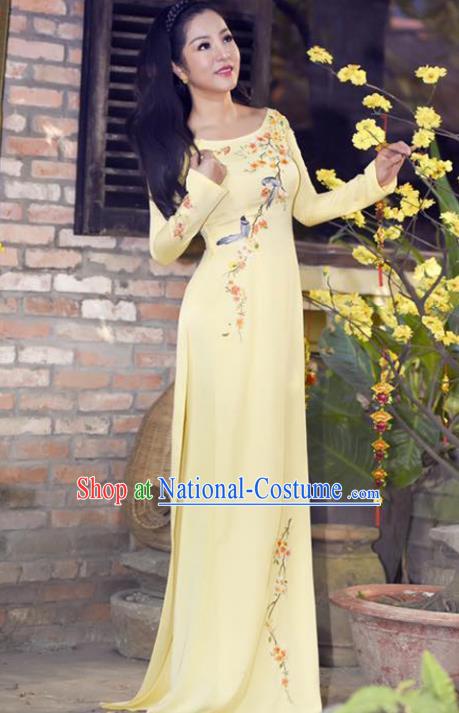 Asian Vietnam Wedding Costume Vietnamese Trational Dress Printing Yellow Ao Dai Cheongsam Clothing for Women