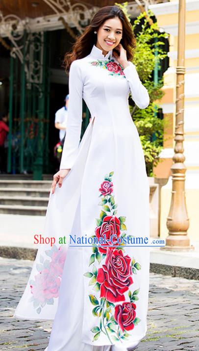 Asian Vietnam Costume Vietnamese Trational Dress Printing Rose White Ao Dai Cheongsam Clothing for Women