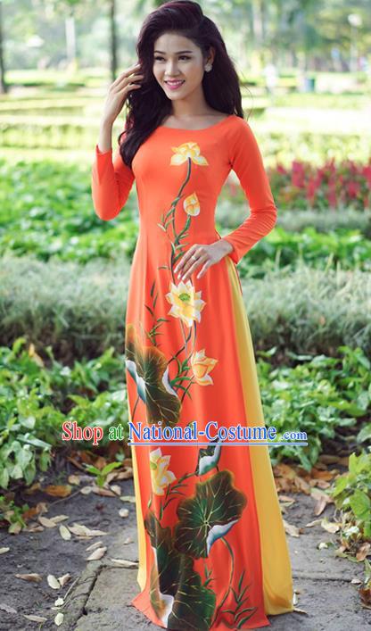 Asian Vietnam Costume Vietnamese Trational Dress Printing Lotus Orange Ao Dai Cheongsam Clothing for Women