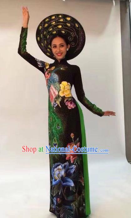 Asian Vietnam Palace Costume Vietnamese Trational Dress Ink Painting Lotus Black Ao Dai Cheongsam Clothing for Women