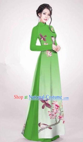 Asian Vietnam Palace Costume Vietnamese Trational Dress Painting Flowers Bird Green Ao Dai Cheongsam Clothing for Women