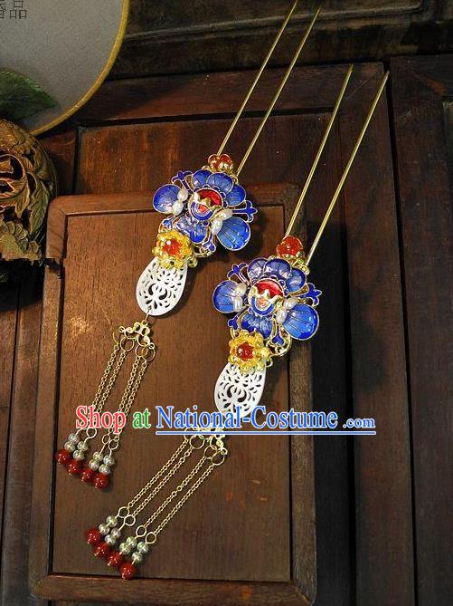 Chinese Handmade Classical Cloisonne Lotus Tassel Hairpins Hair Accessories Ancient Bride Headwear Hair Clip for Women