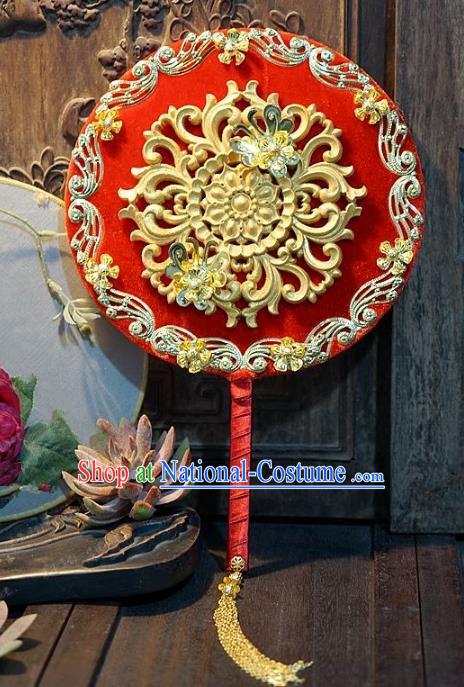 Chinese Handmade Classical Stage Performance Fans Ancient Palace Lady Wedding Red Round Fans for Women