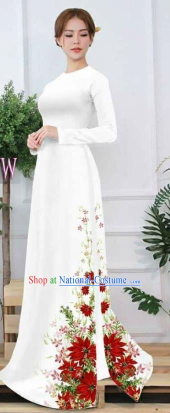 Asian Vietnam Palace Costume Vietnamese Trational Dress Printing White Ao Dai Cheongsam Clothing for Women