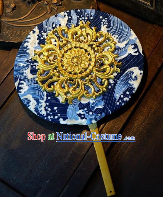 Chinese Handmade Classical Stage Performance Fans Ancient Palace Lady Blue and White Porcelain Round Fans for Women