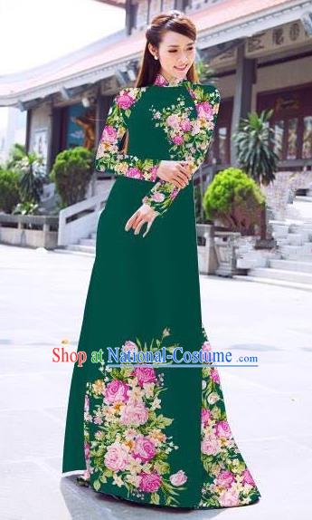 Asian Vietnam Palace Costume Vietnamese Trational Dress Printing Green Ao Dai Cheongsam Clothing for Women