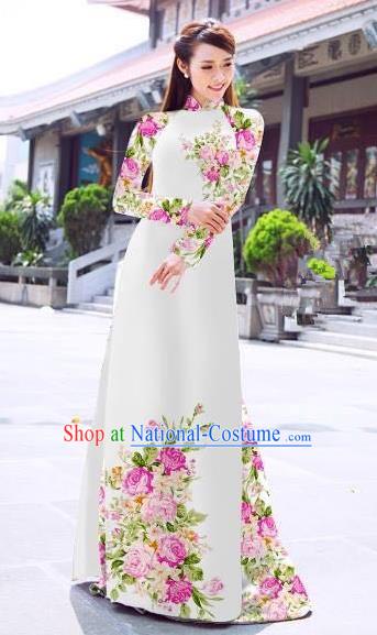 Asian Vietnam Palace Costume Vietnamese Trational Dress Printing White Ao Dai Cheongsam Clothing for Women