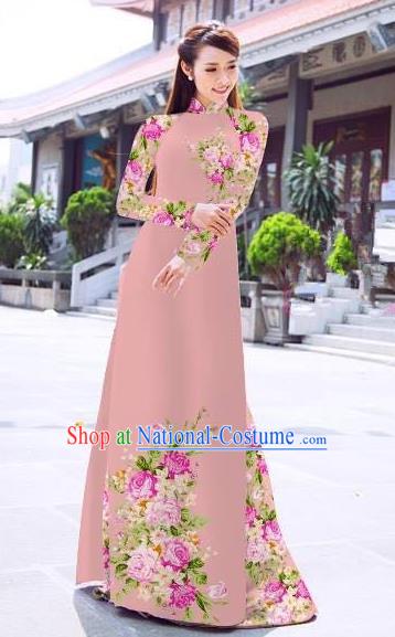 Asian Vietnam Palace Costume Vietnamese Trational Dress Printing Pink Ao Dai Cheongsam Clothing for Women